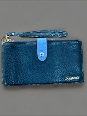 Borgasets Navy Blue Leather Wristlet Wallet with Light Blue Tab